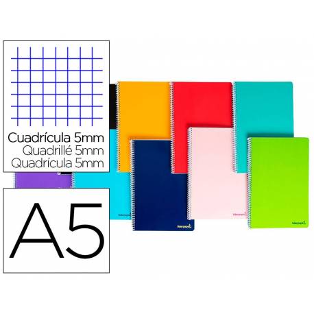 Cuaderno espiral Liderpapel DIN A5 Tapa blanda Cuadricula 5 mm 80H 60 g/m2 6 taladros en Colores surtidos (No se puede elegir)