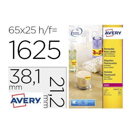 Etiqueta adhesiva Avery 38,1x21,2 mm Amarillo fluorescente Removible caja de 1625