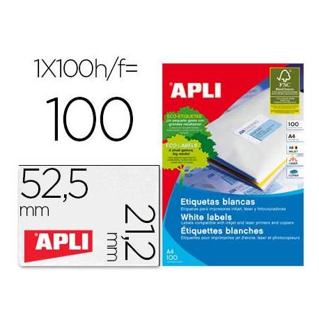 Etiqueta adhesiva Apli 52,5 x 21,2 mm para fotocopiadora laser ink-jet caja con 100 hojas din a4