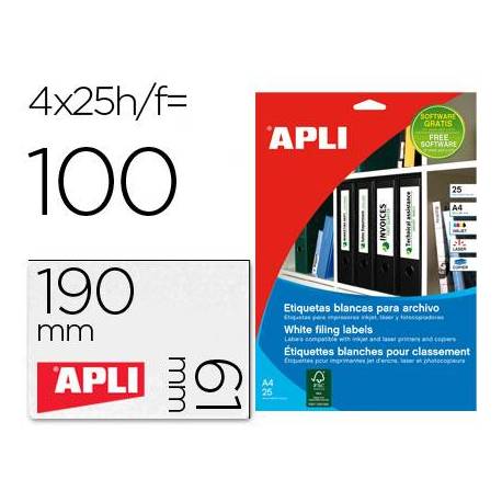 Etiquetas adhesivas Apli 1233 190x61 mm caja 25 hojas con 100