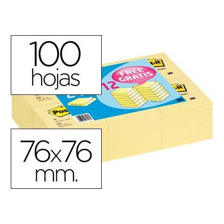 Pack promocional 24+12. Bloc de notas adhesivas quita y pon Post-it ® 76x76mm amarillo