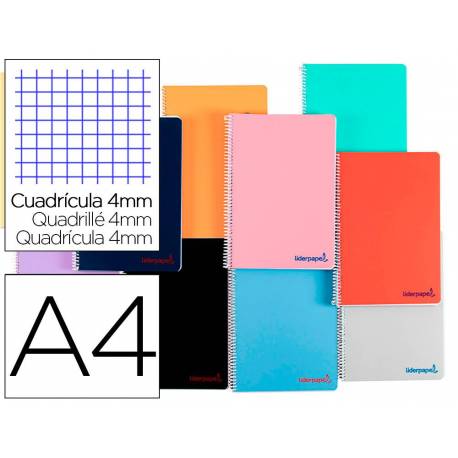 Cuaderno espiral Liderpapel DIN A4 Tapa plástico Cuadricula 4 mm 80H 90 g/m2 Con margen Colores surtidos (no se puede elegir)