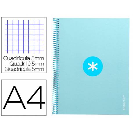 Cuaderno espiral liderpapel a4 micro antartik tapa forrada 80h 90 gr cuadro 5mm 1 banda 4 taladros color celeste