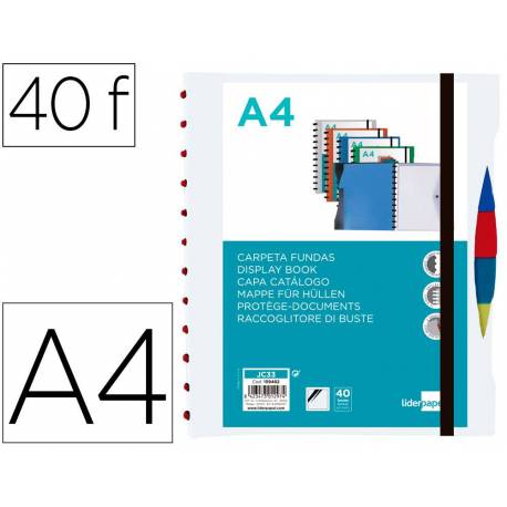 CARPETA LIDERPAPEL DIN A4 CON 40 FUNDAS INTERCAMBIABLES 5 SEP SOBRE Y GOMILLA PORTADA Y LOMOPERSONALIZABLE TRANSPARENTE