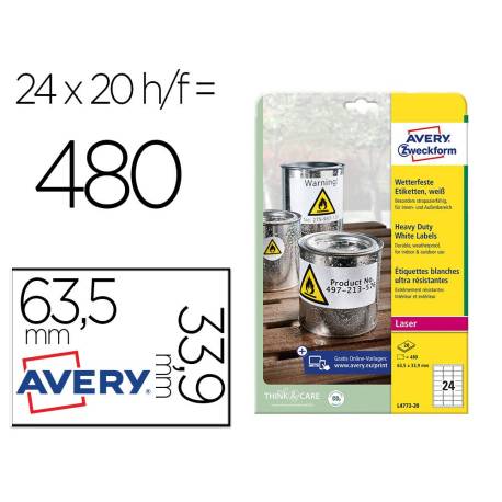 Etiqueta adhesiva Avery poliester blanco 63,5x33,9 mm para impresora laser pack de 480 unidades