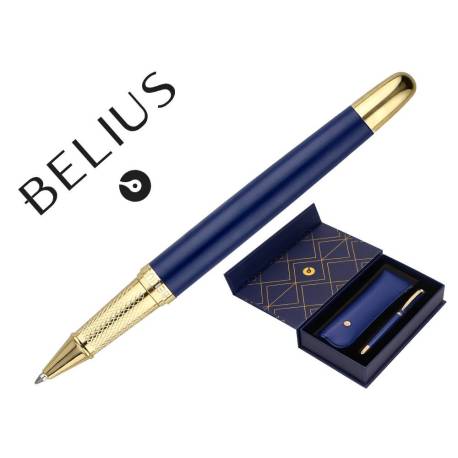 BOLIGRAFO Y ESTUCHE BELIUS SOIREE AZUL MARINO Y DORADO TINTA AZUL CAJA DE DISEÑO