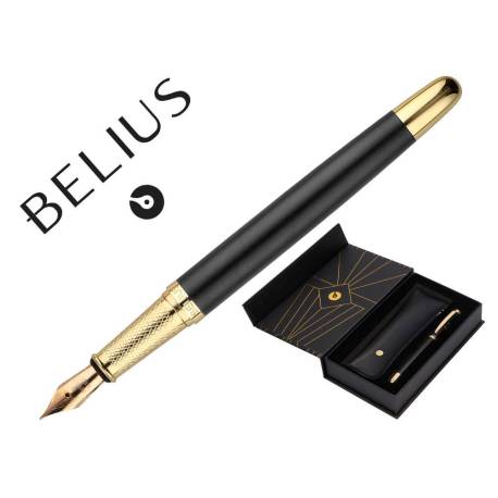 PLUMA Y ESTUCHE BELIUS SOIREE ART DECO NEGRO Y DORADO TINTA AZUL CAJA DE DISEÑO