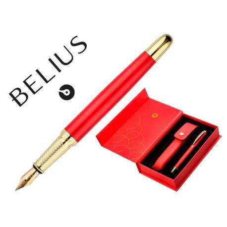 PLUMA Y ESTUCHE CUERO BELIUS PASSION DOR ALUMINIO TEXTURA CEPILLADA ROJO Y DORADO TINTA AZUL CAJA DE DISEÑO