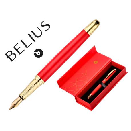 PLUMA BELIUS PASSION DOR ALUMINIO TEXTURA CEPILLADA ROJO Y DORADO TINTA AZUL CAJA DE DISEÑO