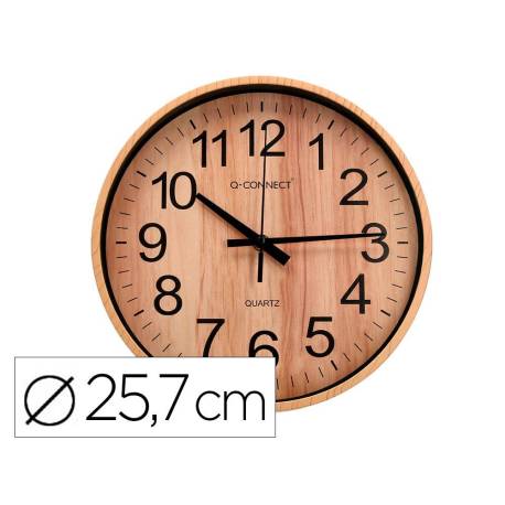 RELOJ Q-CONNECT DE PARED DE PLASTICO REDONDO 25,7 CM MOVIMIENTO SILENCIOSO COLOR MADERA