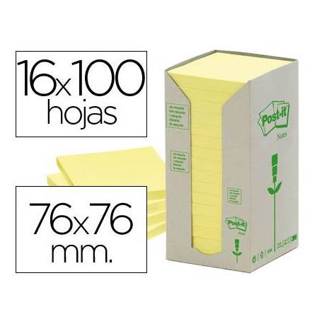 Bloc de notas adhesivas quita y pon recicladas en torre post-it 76 x 76 mm 16 blocs 654 reciclado