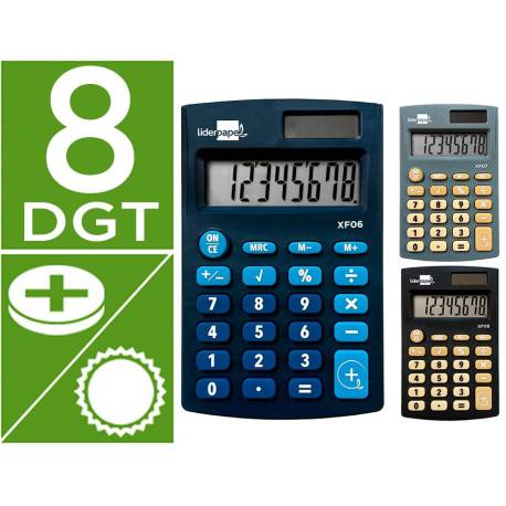 CALCULADORA MARCA LIDERPAPEL EXPOSITOR 16 UNIDADES COLORES BOLSILLO XF08 8 DIGITOS SOLAR Y PILAS 98X62X8 MM