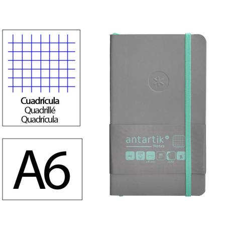 CUADERNO CON GOMILLA ANTARTIK NOTES TAPA BLANDA DIN A6 CUADRICULA GRIS Y TURQUESA 100 HOJAS 80 GR FSC