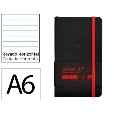 CUADERNO CON GOMILLA ANTARTIK NOTES TAPA BLANDA DIN A6 RAYAS NEGRO Y ROJO 100 HOJAS 80 GR FSC