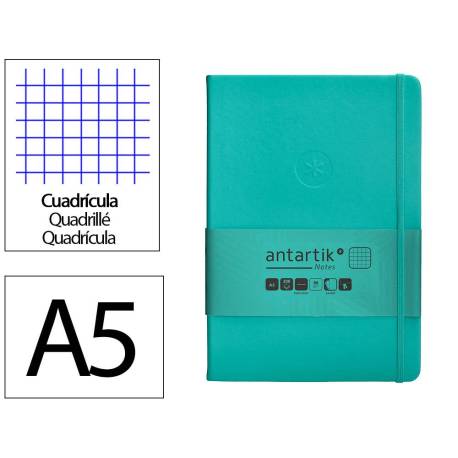 CUADERNO CON GOMILLA ANTARTIK NOTES TAPA DURA DIN A5 HOJAS CUADRICULA TURQUESA 100 HOJAS 80 GR FSC