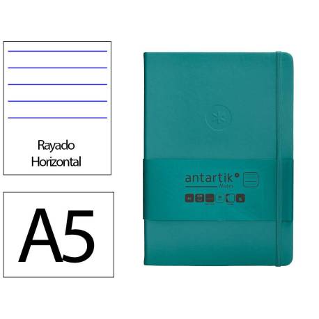 CUADERNO CON GOMILLA ANTARTIK NOTES TAPA DURA DIN A5 HOJAS RAYAS VERDE AGUAMARINA 100 HOJAS 80 GR FSC