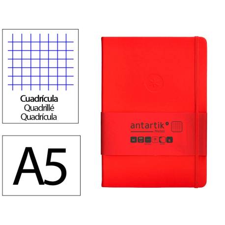 CUADERNO CON GOMILLA ANTARTIK NOTES TAPA DURA DIN A5 HOJAS CUADRICULA ROJO 100 HOJAS 80 GR FSC