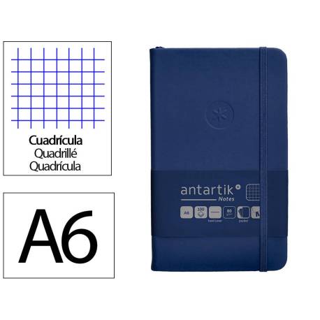 CUADERNO CON GOMILLA ANTARTIK NOTES TAPA DURA DIN A6 HOJAS CUADRICULA AZUL MARINO 100 HOJAS 80 GR FSC