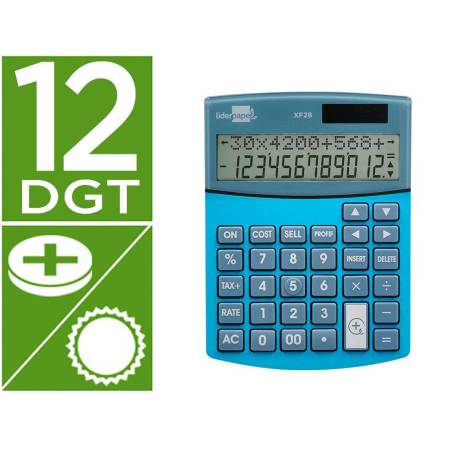 CALCULADORA LIDERPAPEL SOBREMESA XF28 12 DIGITOS AZUL DOBLE LINEA COSTES VENTAS MARGEN Y TASAS SOLAR Y PILAS