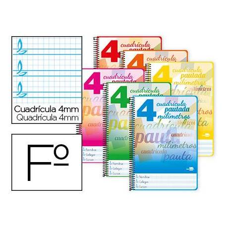 Bloc espiral marca liderpapel folio pautaguia tapa cartoncillo 80h80 g cuadriculado pautado 4mm colores surtidos