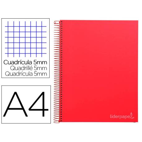 Cuaderno espiral Liderpapel Jolly Tamaño DIN A4 Tapa forrada 140H Cuadricula 5 mm 75 g/m2 con 5 bandas 4 taladros color Rojo