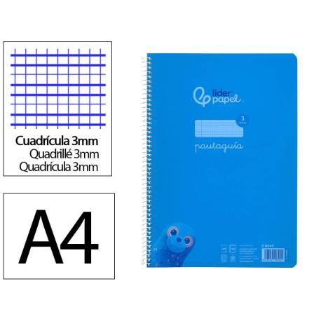 CUADERNO ESPIRAL LIDERPAPEL DIN A4 PAUTAGUIA TAPA PLASTICO 80H 90GR CUADRO PAUTADO 3MM CON MARGEN AZUL