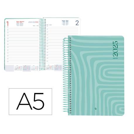 AGENDA ESPIRAL LIDERPAPEL SYROS A5 2025 DÍA PÁGINA TURQUESA PAPEL 60 GR