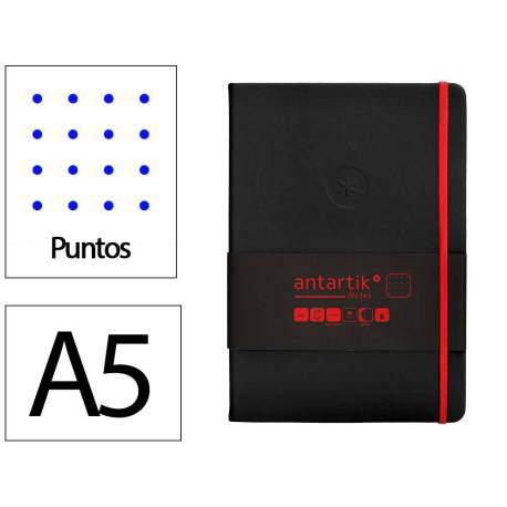 CUADERNO CON GOMILLA ANTARTIK NOTES TAPA DURA DIN A5 HOJAS PUNTOS NEGRO Y ROJO 100 HOJAS 80 GR FSC