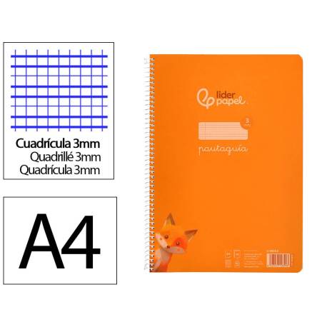 CUADERNO ESPIRAL LIDERPAPEL DIN A4 PAUTAGUIA TAPA PLASTICO80H 90GR CUADRO PAUTADO 3MM CON MARGEN NARANJA