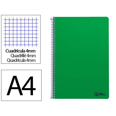 CUADERNO ESPIRAL LIDERPAPEL DIN A4 SMART TAPA BLANDA 80H 75GR CUADRO 4MM CON MARGEN VERDE