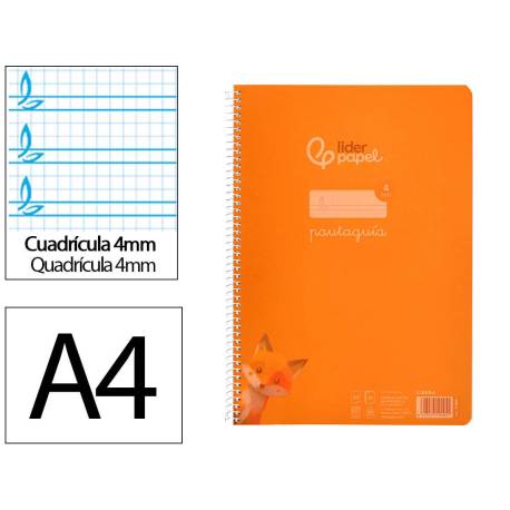 CUADERNO ESPIRAL LIDERPAPEL DIN A4 PAUTAGUIA TAPA PLASTICO 80H 90GR CUADRO PAUTADO 4MM CON MARGEN NARANJA