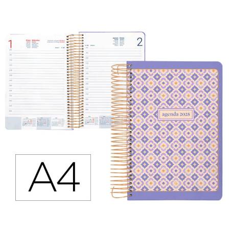 AGENDA ESPIRAL LIDERPAPEL PERISSA DIN A4 2025 DÍA PÁGINA COLOR MORADO PAPEL 80 GR