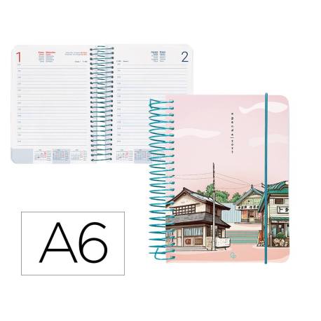 AGENDA ESPIRAL LIDERPAPEL SANTORINI DIN A6 2025 DIA PAGINA ATARDECER ROSA PAPEL 60 GR