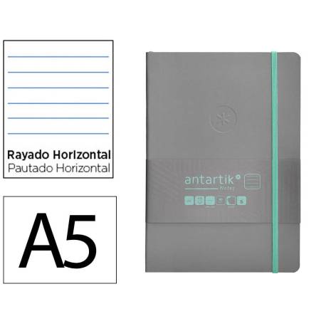 CUADERNO CON GOMILLA ANTARTIK NOTES TAPA BLANDA DIN A5 HOJAS RAYAS GRIS Y TURQUESA 80 HOJAS 80 GR FSC