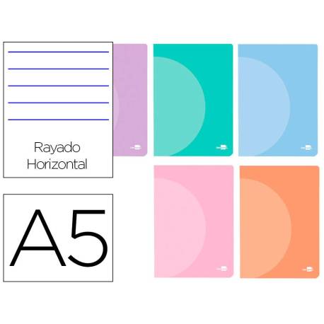 LIBRETA LIDERPAPEL 360 TAPA DE PLASTICO A5 48 HOJAS 90G/M2 HORIZONTAL CON DOBLE MARGEN COLORES PASTEL