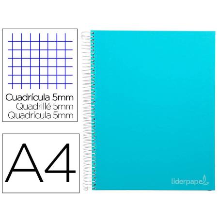 CUADERNO ESPIRAL LIDERPAPEL A4 MICRO JOLLY TAPA FORRADA 140H 75 GR CUADRO 5MM 5 BANDAS4 TALADROS CELESTE