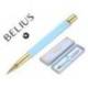 BOLIGRAFO BELIUS MACARON BLISS FORMA HEXAGONAL CELESTE Y DORADO TINTA AZUL CAJA DE DISEÑO