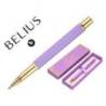 BOLIGRAFO BELIUS MACARON BLISS FORMA HEXAGONAL MORADO Y DORADO TINTA AZUL CAJA DE DISEÑO