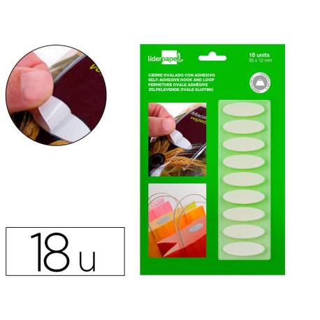 VELCRO AUTOADHESIVO OVALAD MARCA LIDERPAPEL QUITA Y PON BLANCO 35X12 MM BLISTER DE 18 UNIDADES