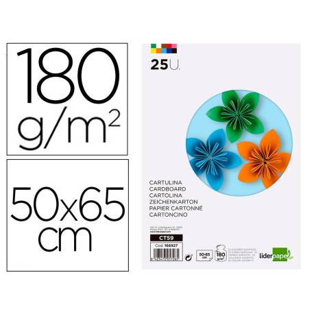 CARTULINA MARCA LIDERPAPEL 50X65 CM 180G/M2 25 COLORES SURTIDOS PAQUETE DE 25 HOJAS