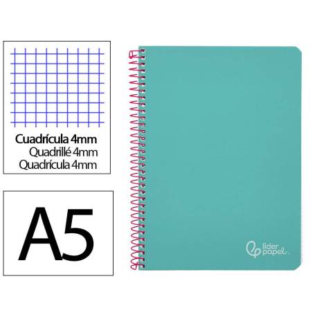 CUADERNO ESPIRAL MARCA LIDERPAPEL DIN A5 WITTY TAPA DURA 80H 90GR CUADRO 4MM CON MARGEN COLOR TURQUESA