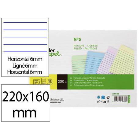 TARJETA MARCA LIDERPAPEL PARA ESTUDIAR RAYADA CARTULINA DE COLORES 170 GR/M2 160X220MM PAQUETE DE 200 UNIDADES