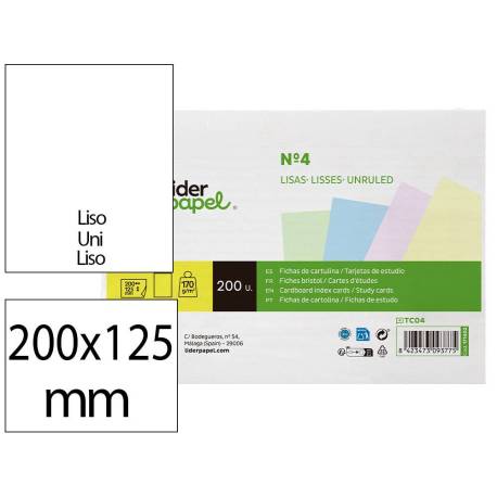 TARJETA MARCA LIDERPAPEL PARA ESTUDIAR LISA CARTULINA DE COLORES 170 GR/M2 125X200MM PAQUETE DE 200 UNIDADES