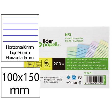 TARJETA MARCA LIDERPAPEL PARA ESTUDIAR RAYADA CARTULINA DE COLORES 170 GR/M2 100X150MM PAQUETE DE 200 UNIDADES