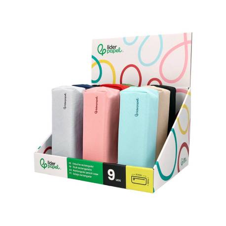 ESTUCHE PORTATODO MARCA LIDERPAPEL CLASSIC RECTANGULAR CON ASA 210X70MM EXPOSITOR COLORES SURTIDOS 9 UNIDADES