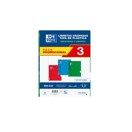 LIBRETA ESCOLAR MARCA OXFORD OPENFLEX DIN A4 48 HOJAS CUADRO 4 MM PACK DE 3 UNIDADES COLORES SURTIDOS
