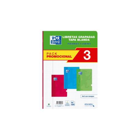 LIBRETA ESCOLAR MARCA OXFORD TAPA BLANDA DIN A4 48 HOJAS CUADRO 4 MM PACK DE 3 UNIDADES COLORES SURTIDOS