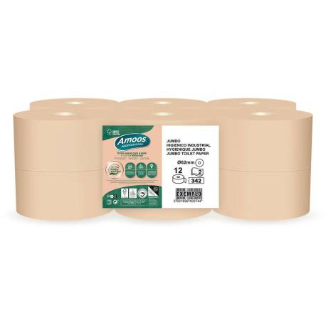 PAPEL HIGIENICO MARCA AMOOS NATURALLY JUMBO PROFESSIONAL 2 CAPAS PASTA CRUDA PAQUETE DE 6 ROLLOS 120 M