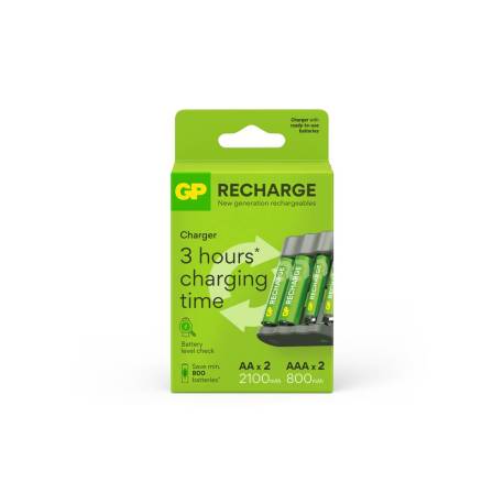 CARGADOR DE PILAS RECARGABLES MARCA GP USB AA /AAA + 2X AA 2100 MAH + 2X AAA 800 MAH