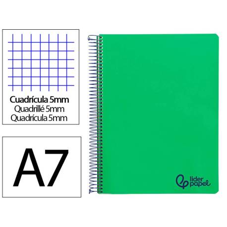 CUADERNO ESPIRAL MARCA LIDERPAPEL A7 MICRO WONDER TAPA PLASTICO 100H 90GR CUADRO 5MM 4 BANDAS COLOR VERDE OSCURO